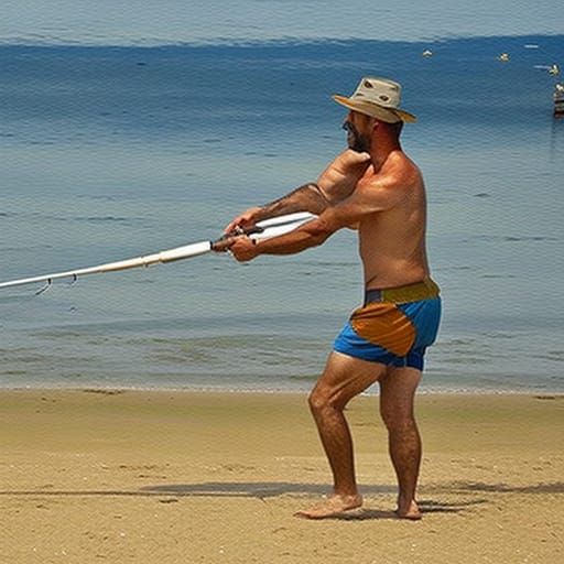 mature masculine hirsute male fishing wearing shorts, impressionist style