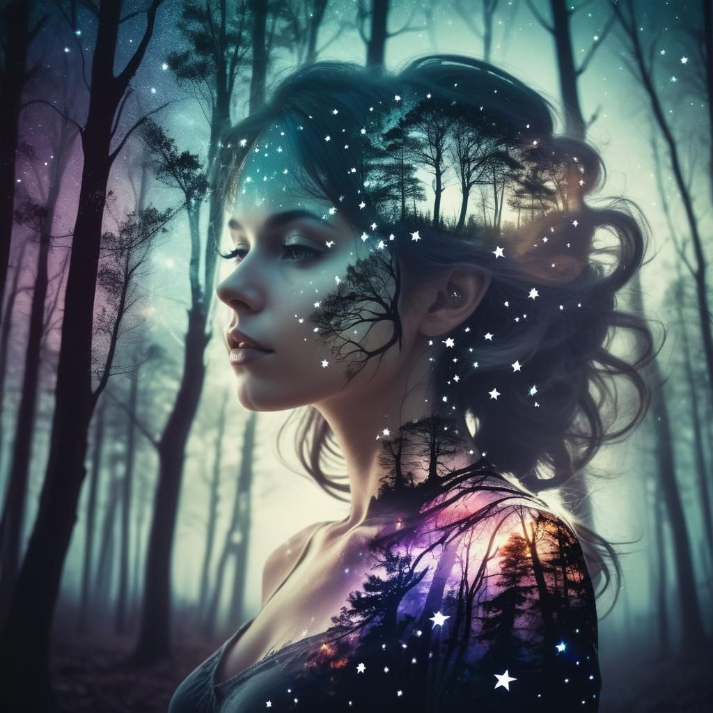 Ethereal Double Exposure: Woman and Woodlands