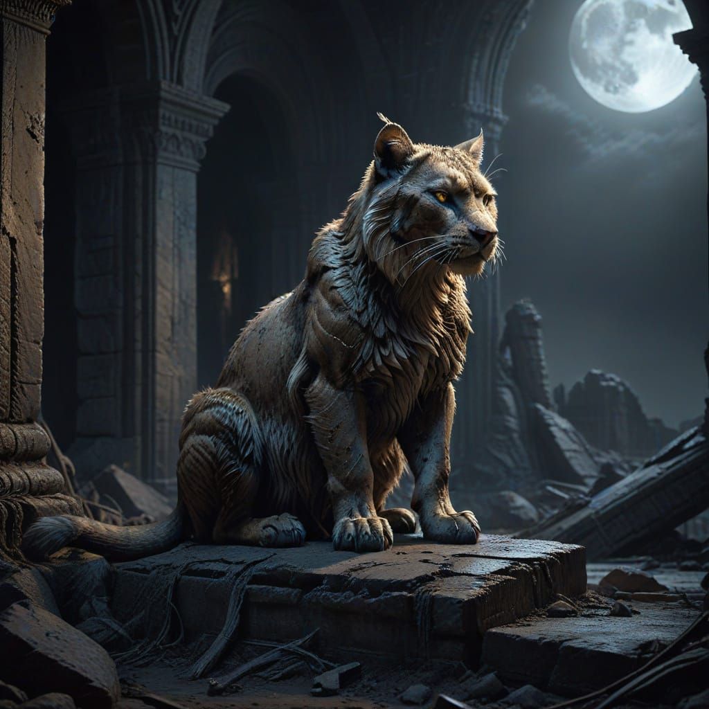 Gothic Saber-Toothed Cat in Moonlit Ruin