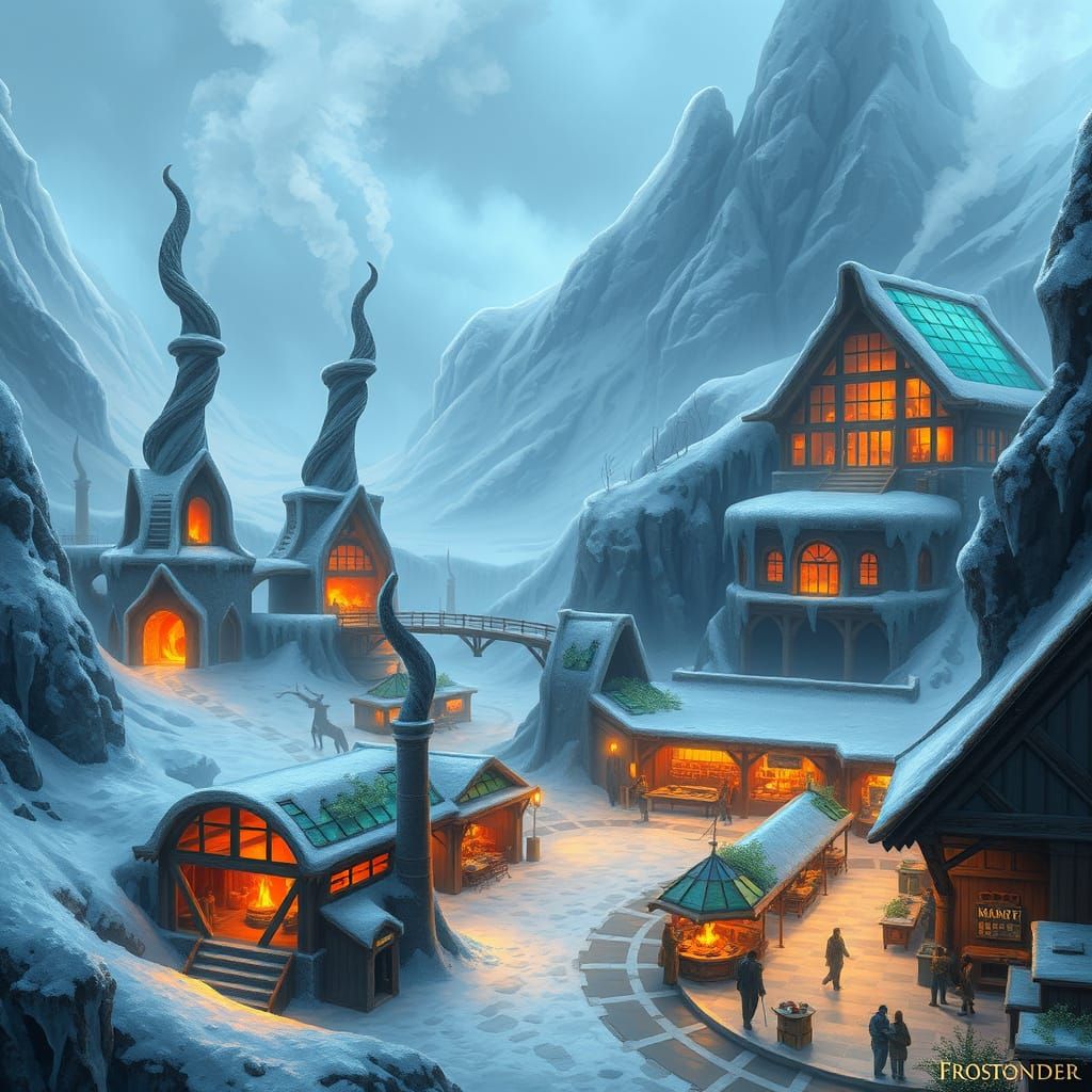 Twisted Chimneys and Glowing Forges in Frosty Landscape