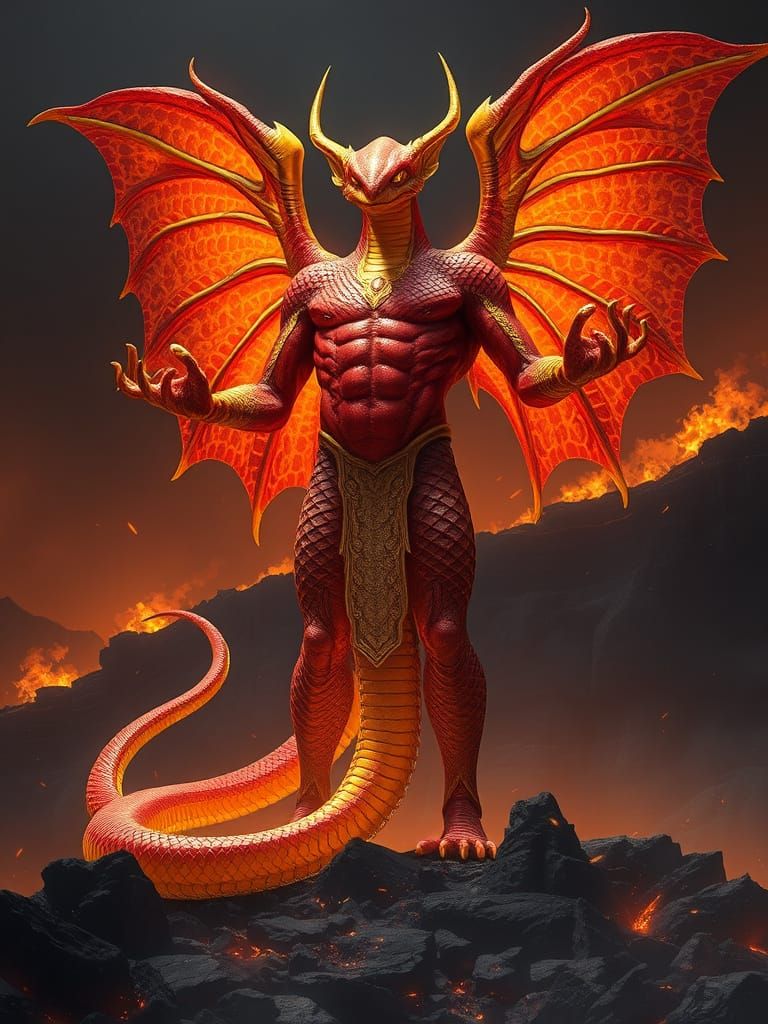 Majestic, Human-Sized Deity with Fiery Red and Yellow Snake-...