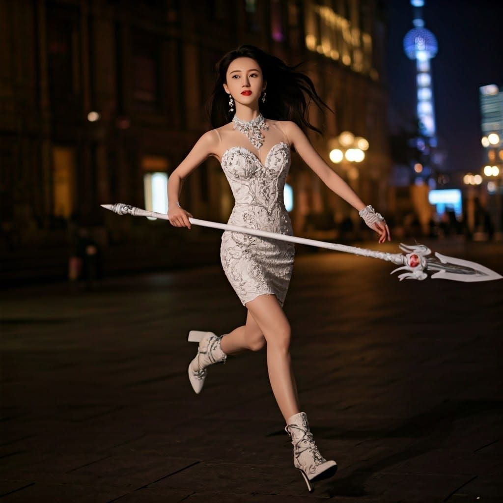 Chinese Goddess Running Through Shanghai at Night in Cinemat...