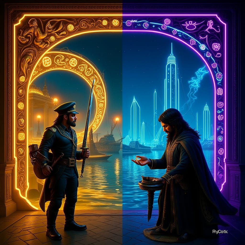 Baroque Arch Meets Neon Gate in Surreal Scene