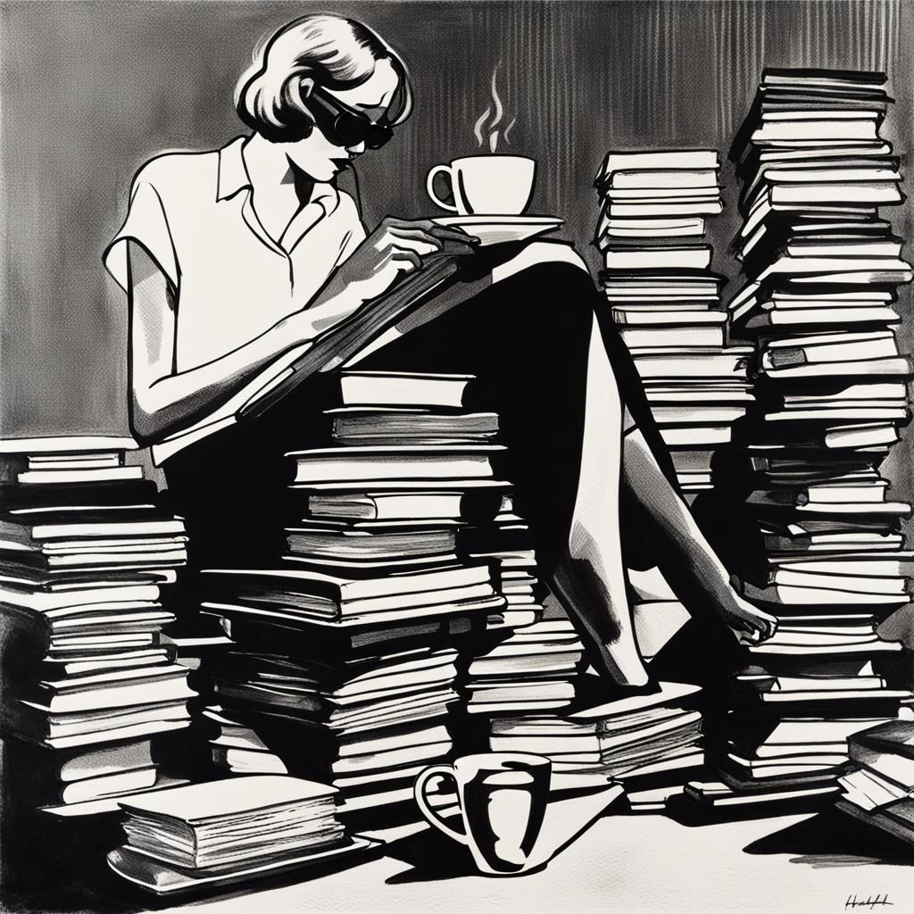 Person with Coffee and Books, Pin-Up Style