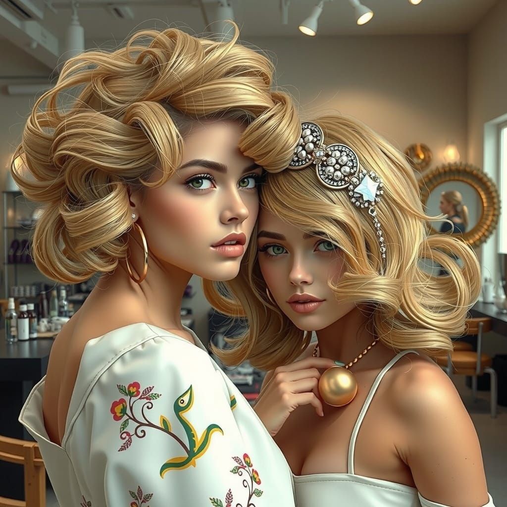 Elegant Models in Vibrant Hair Studio, Digital Art
