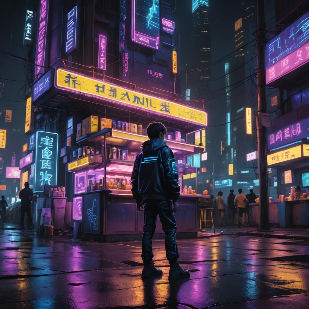 Cyberpunk Lemonade Stand: Neon Noir Landscape