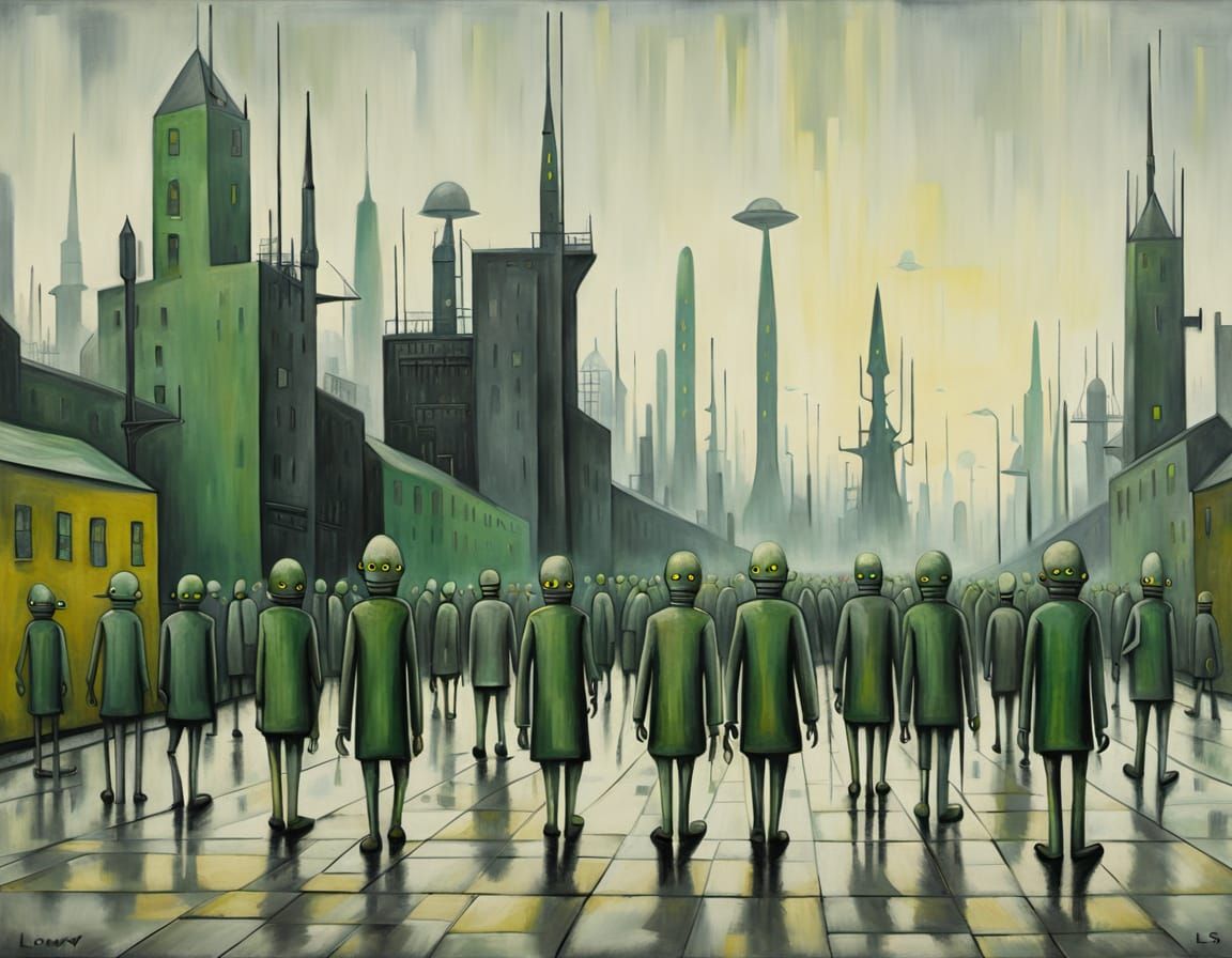 Green Aliens in Brutalist Metropolis as Oil Painting