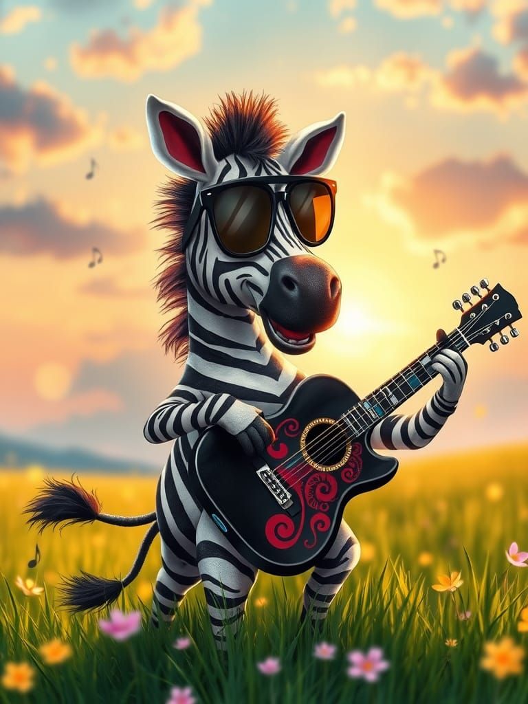 Cute Zebra Plays Guitar in Sunset Meadow Digital Painting
