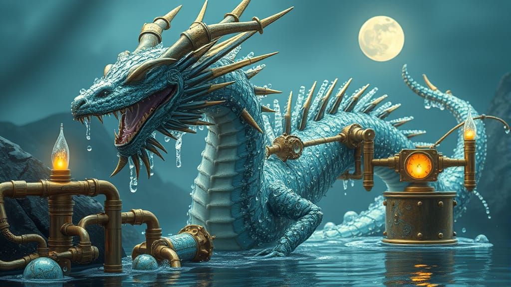 Surreal Water Dragon in Steampunk Elegance