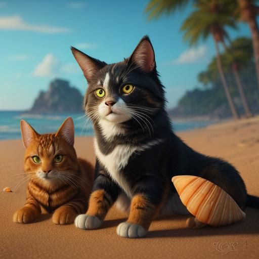 Dog and Cat Beach Sunset: Fantasy Oil Painting