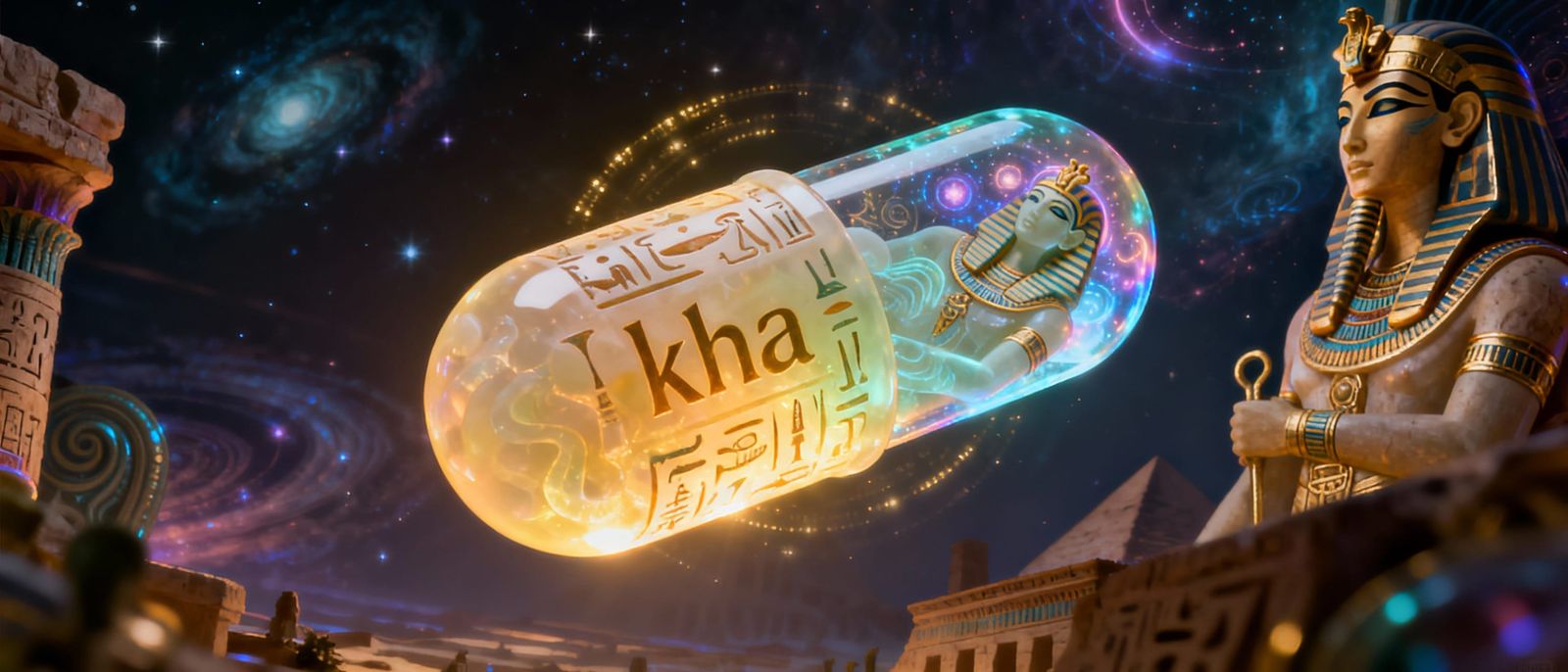 Paleofuturistic Egyptian Holographic Pill Glowing Mystically