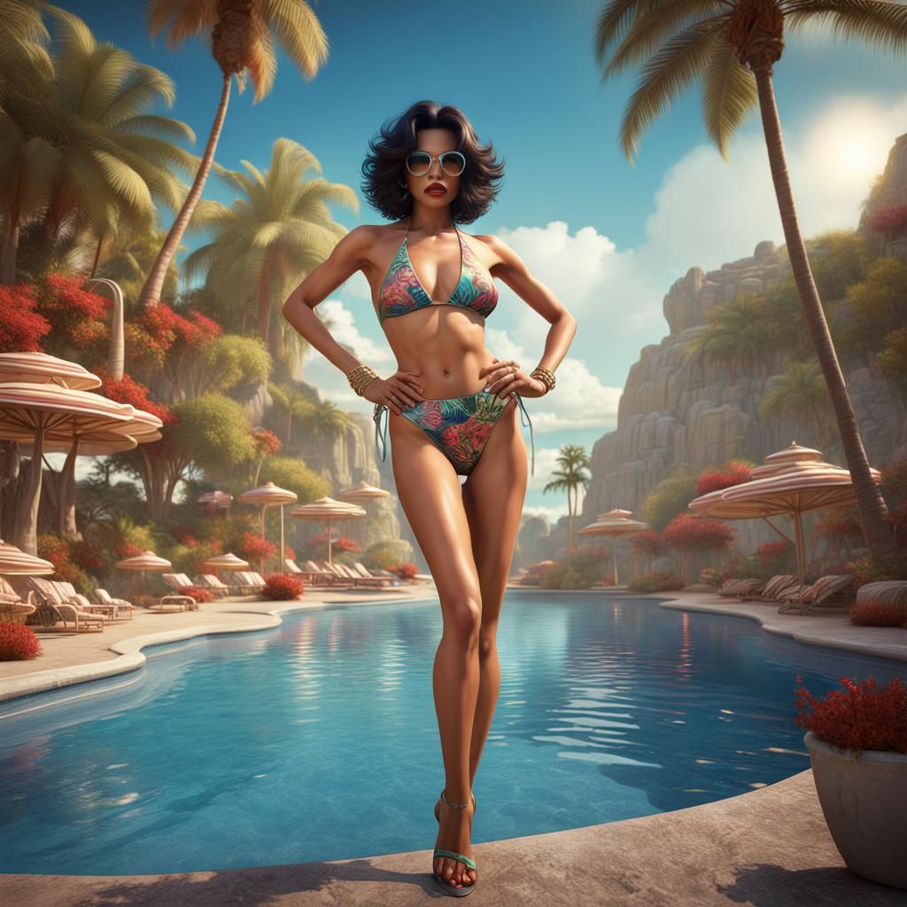 1980s Latina Model in Bikini: Detailed Digital Painting