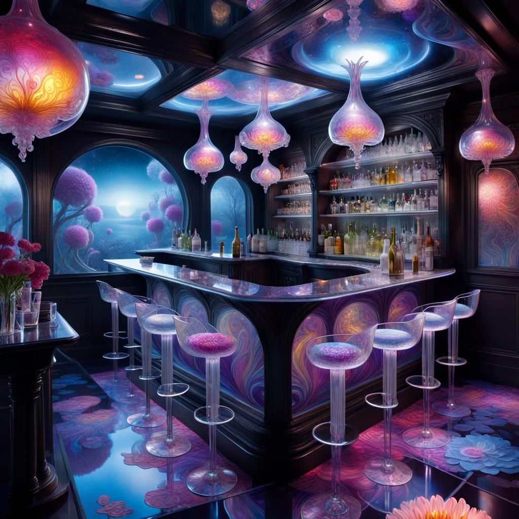 Surreal Night Bar with Quantum Flowers
