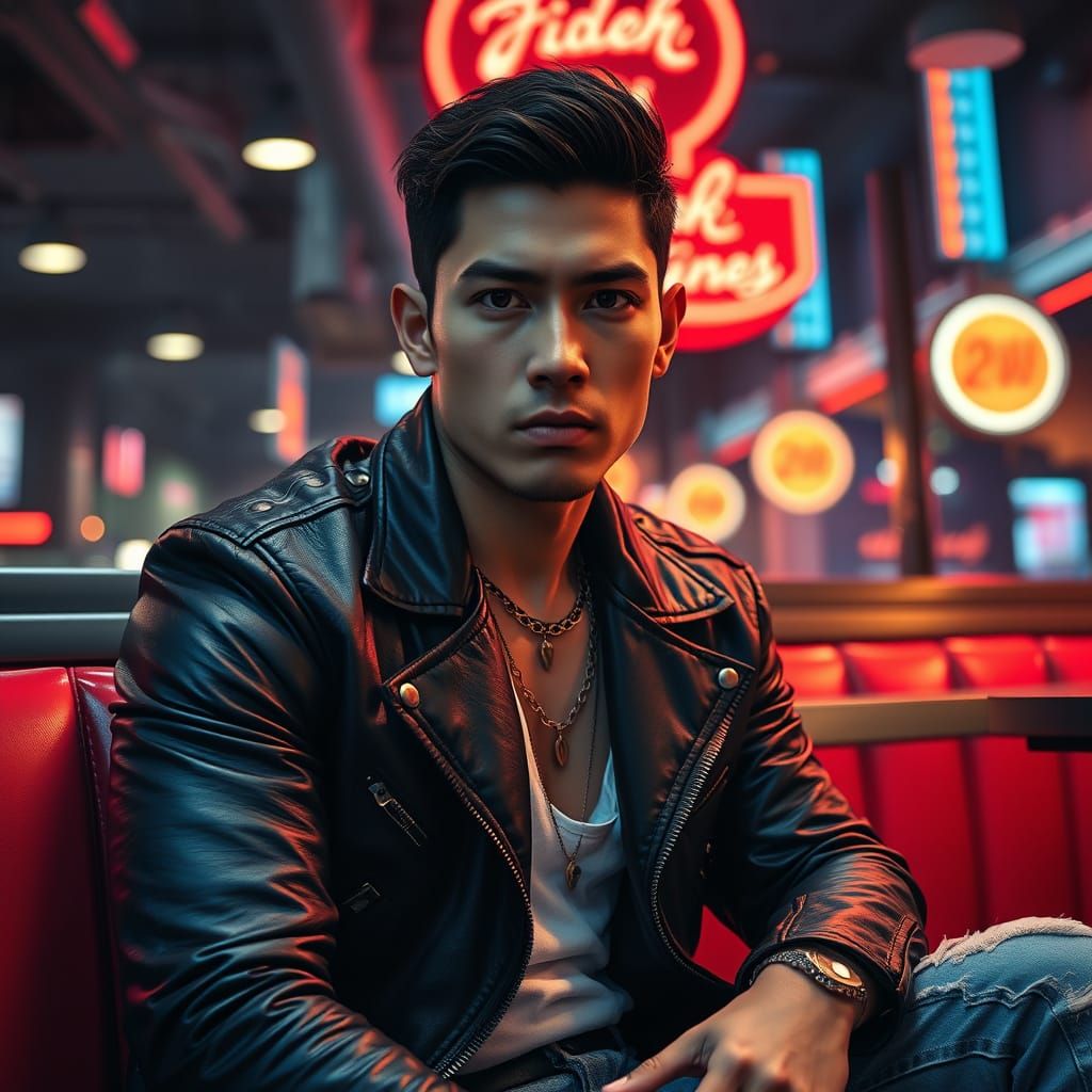 Confident Man in Leather Jacket at Neon Diner