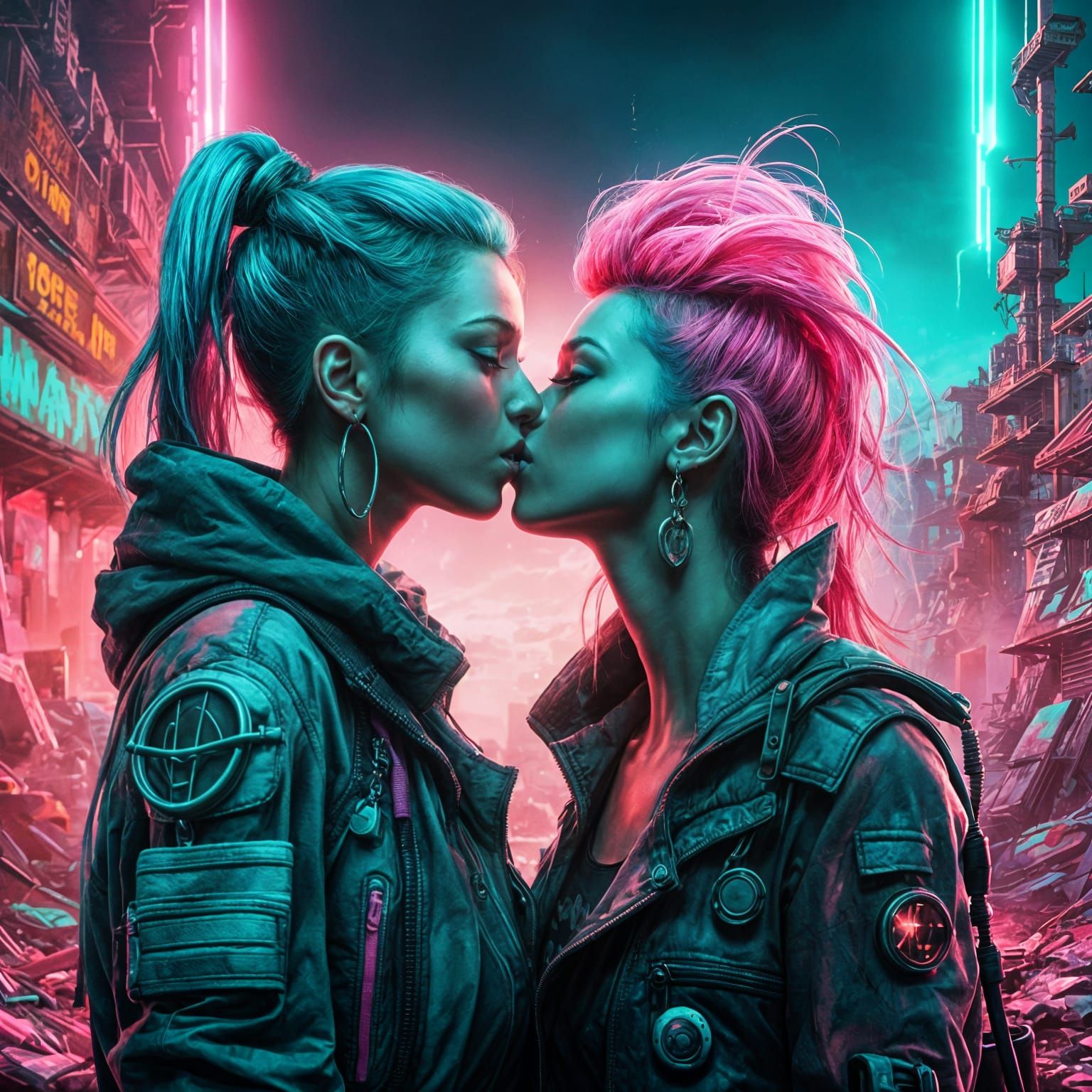 Cyberpunk Kiss in a Neon Wasteland