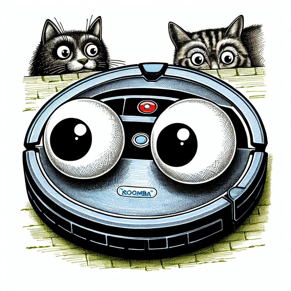 Whimsical Cat and Googly-Eyed Roomba Poster