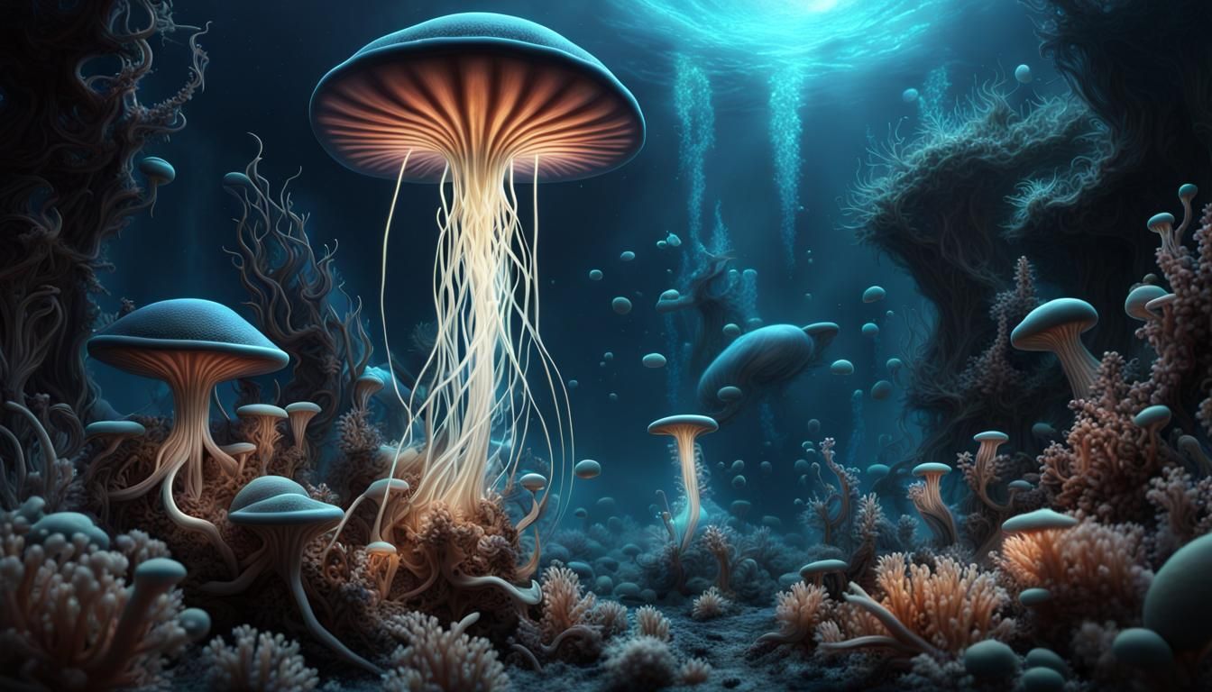 Bioluminescent Deep Sea Spore Colony: Hyperrealistic Fantasy