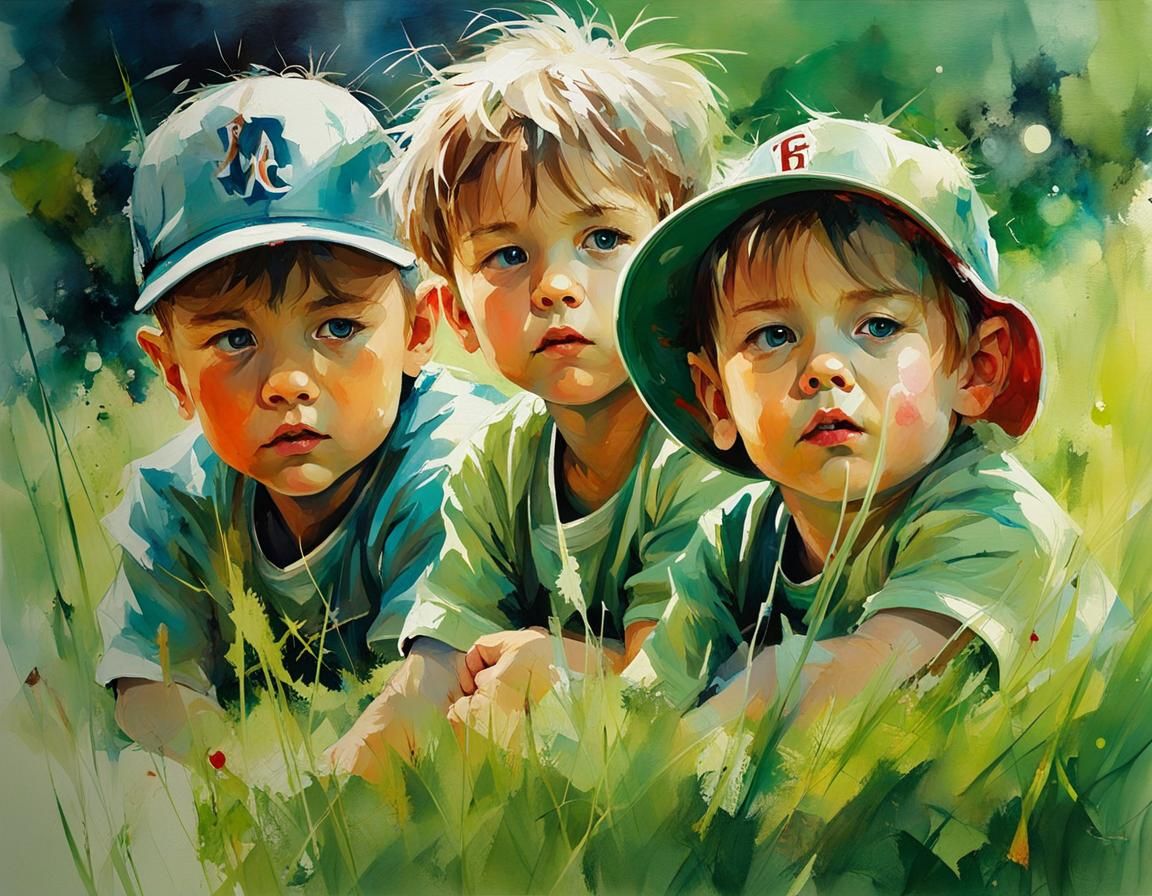 Kids Watching Baseball in Surreal Alcohol Ink Style
