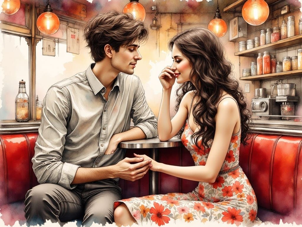 Couple Holding Hands at Retro Diner, Ink Drawing