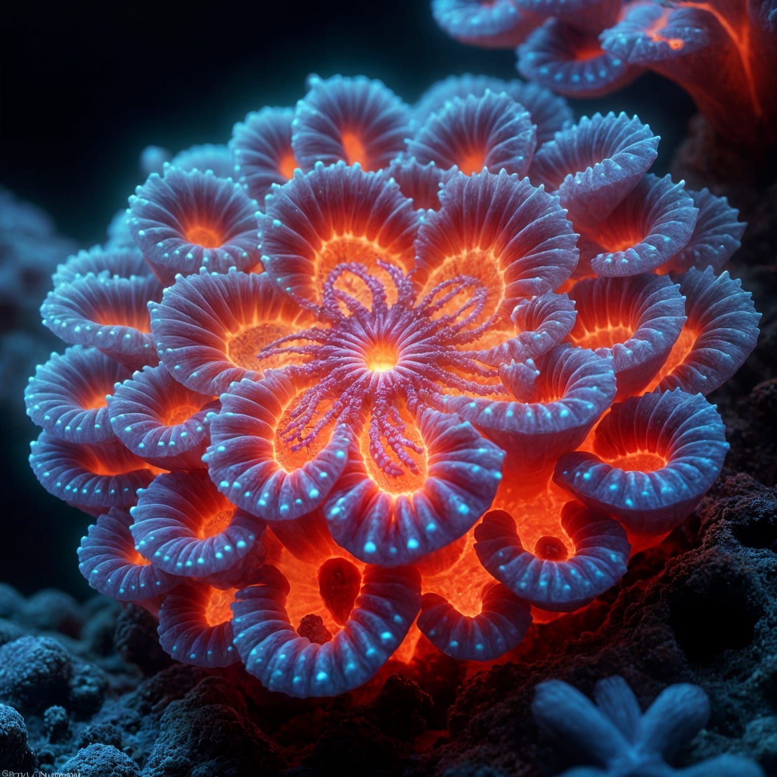 Vibrant Coral Radiates Red Bioluminescence in Hyperspace