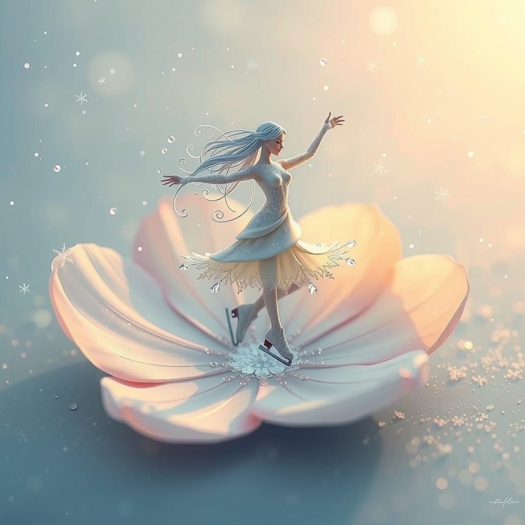 Frosted Goddess Twirls on Delicate Flower in Soft Winter Lig...