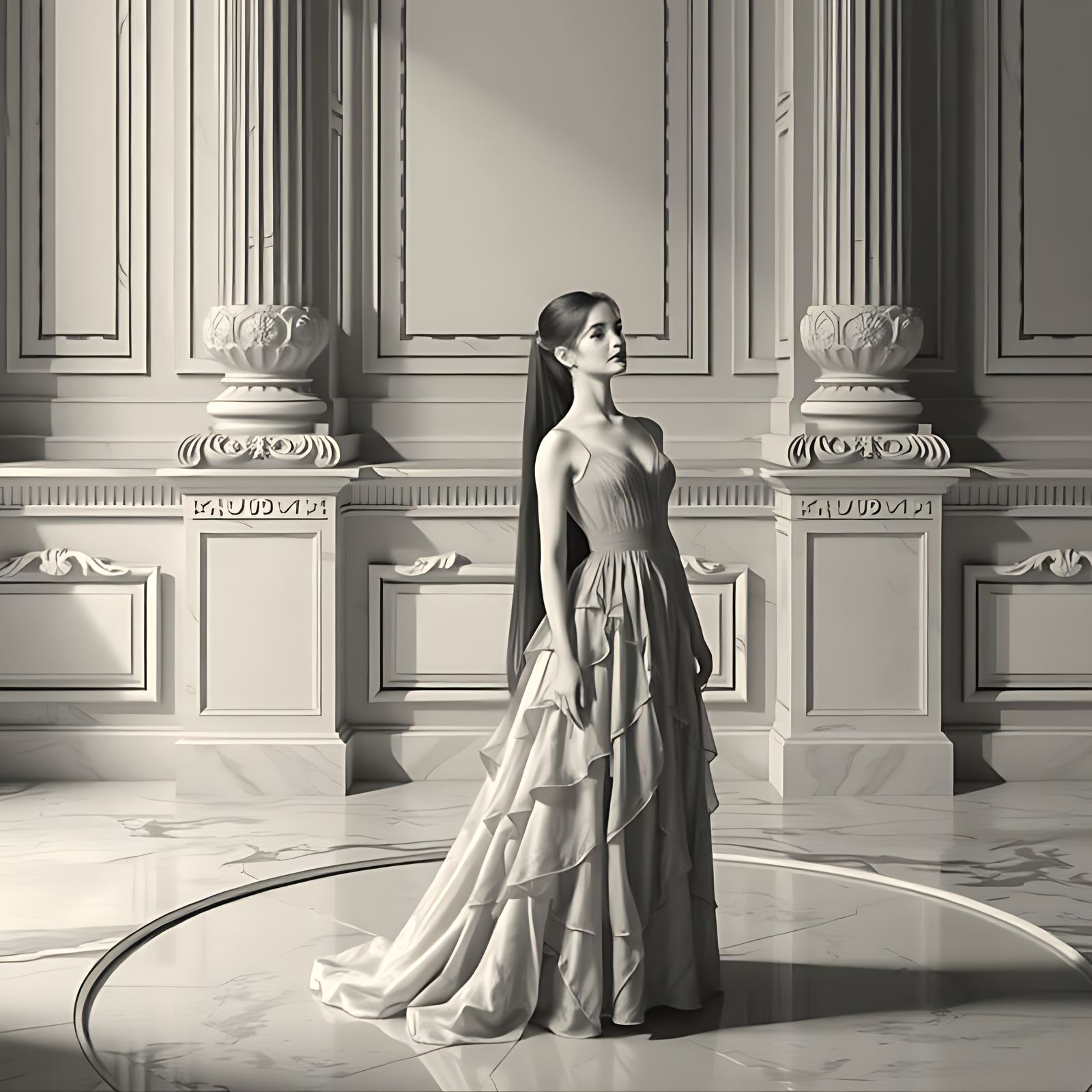 Classical Gallery Interior in Hyperrealistic Grayscale