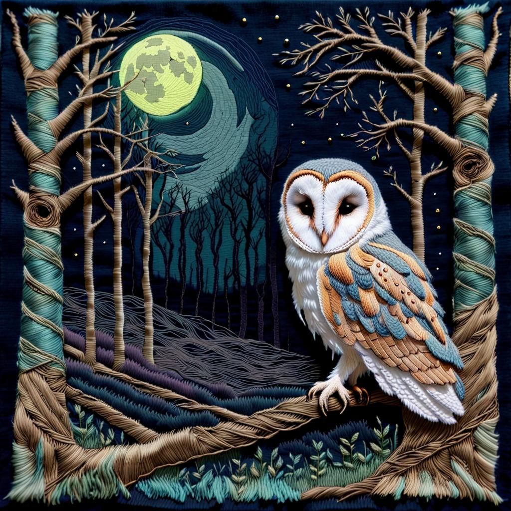 Barn Owl Tapestry in Moonlit Whispering Grove