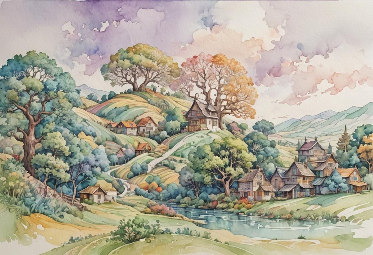 Vibrant Watercolor Village with Abstract Fractal Design