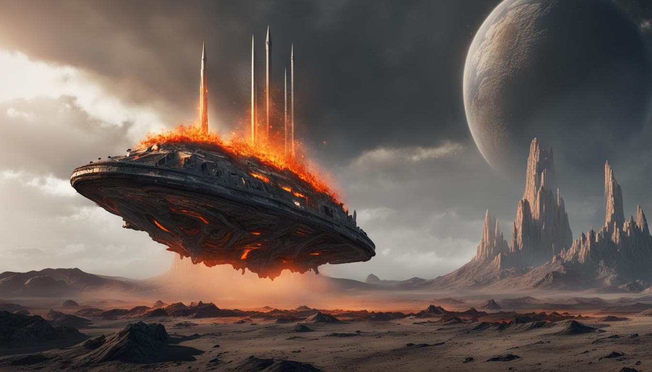 Alien Spaceship Launching on Wasteland Planet