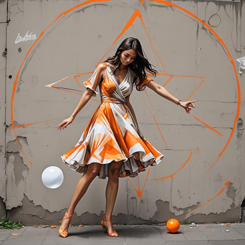 Brunette Woman with Vortex Balls in Graffiti Art