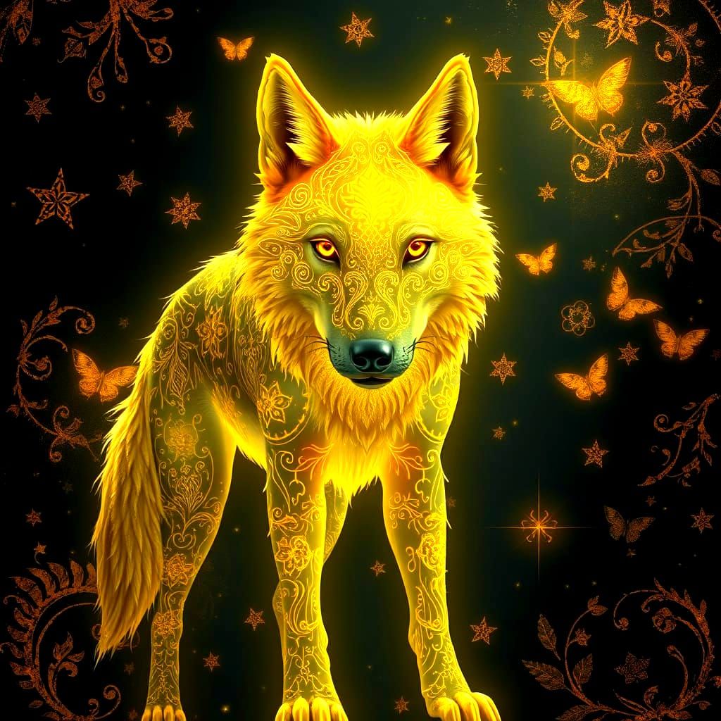 Bioluminescent Wolf with Golden Filigree Designs