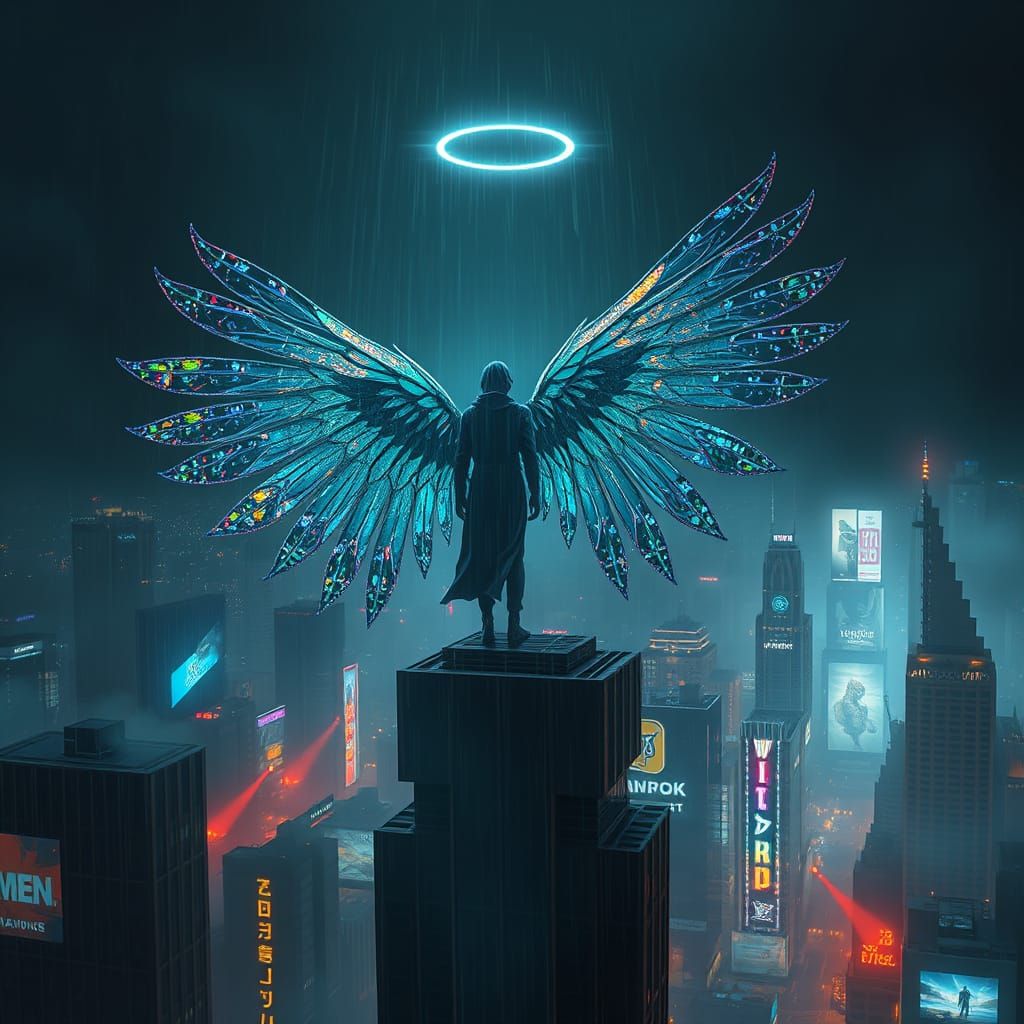 Surreal Cyberpunk Figure Unfolds Iridescent Wings Amidst Neo...