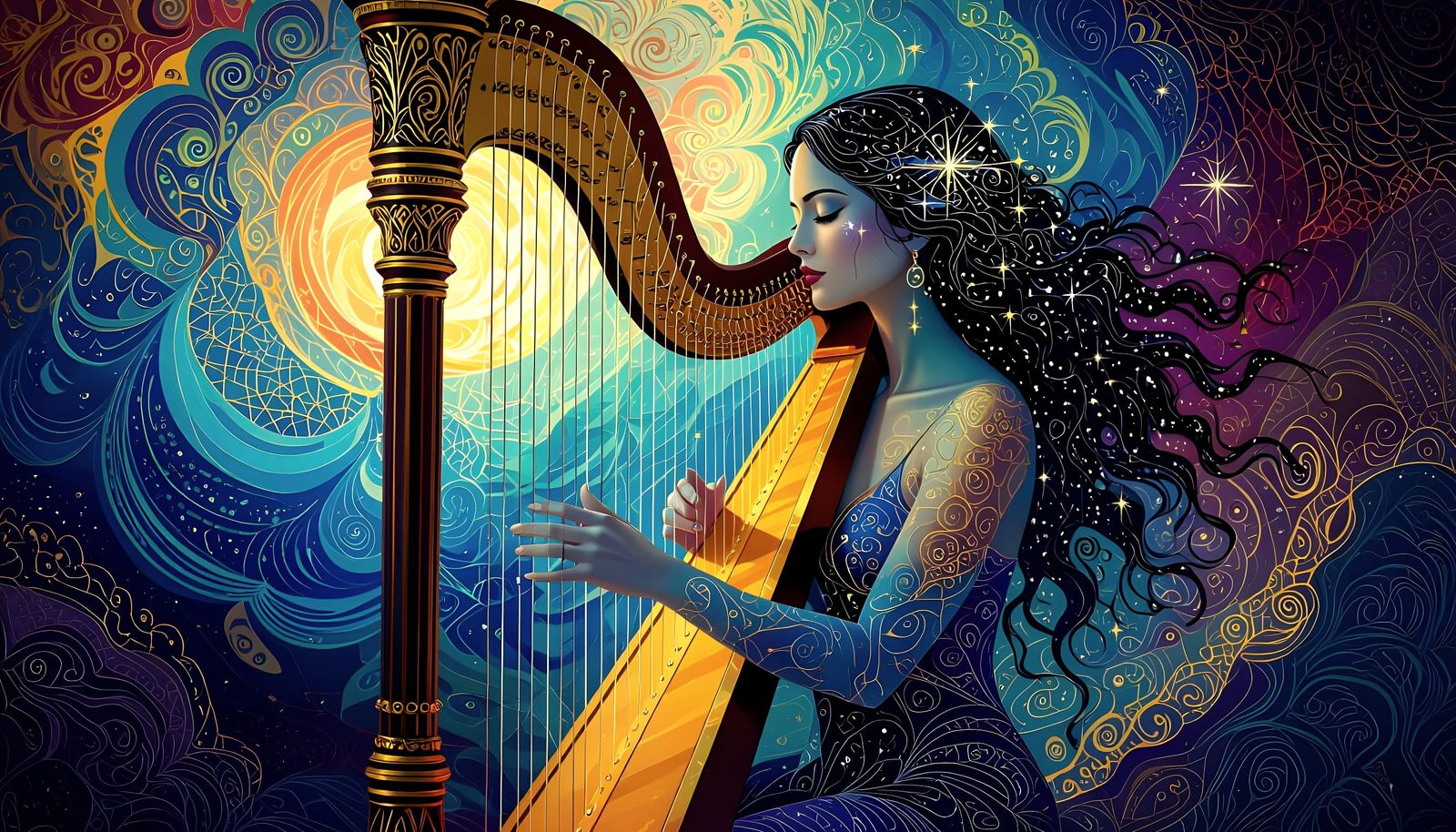 Surreal Harpist Amidst Swirling Colors