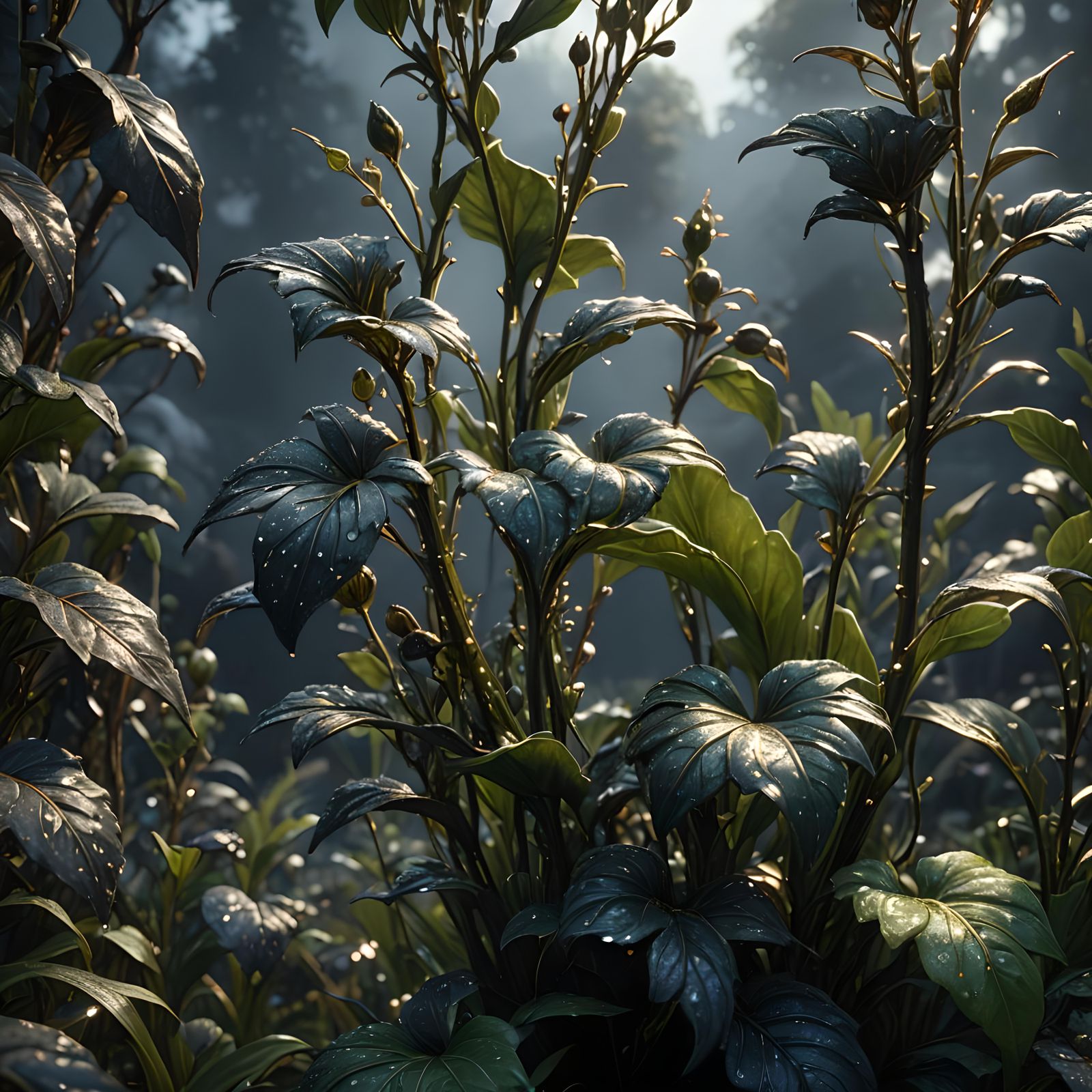 Dew-Kissed Black Plants in Dark Fantasy Art Style