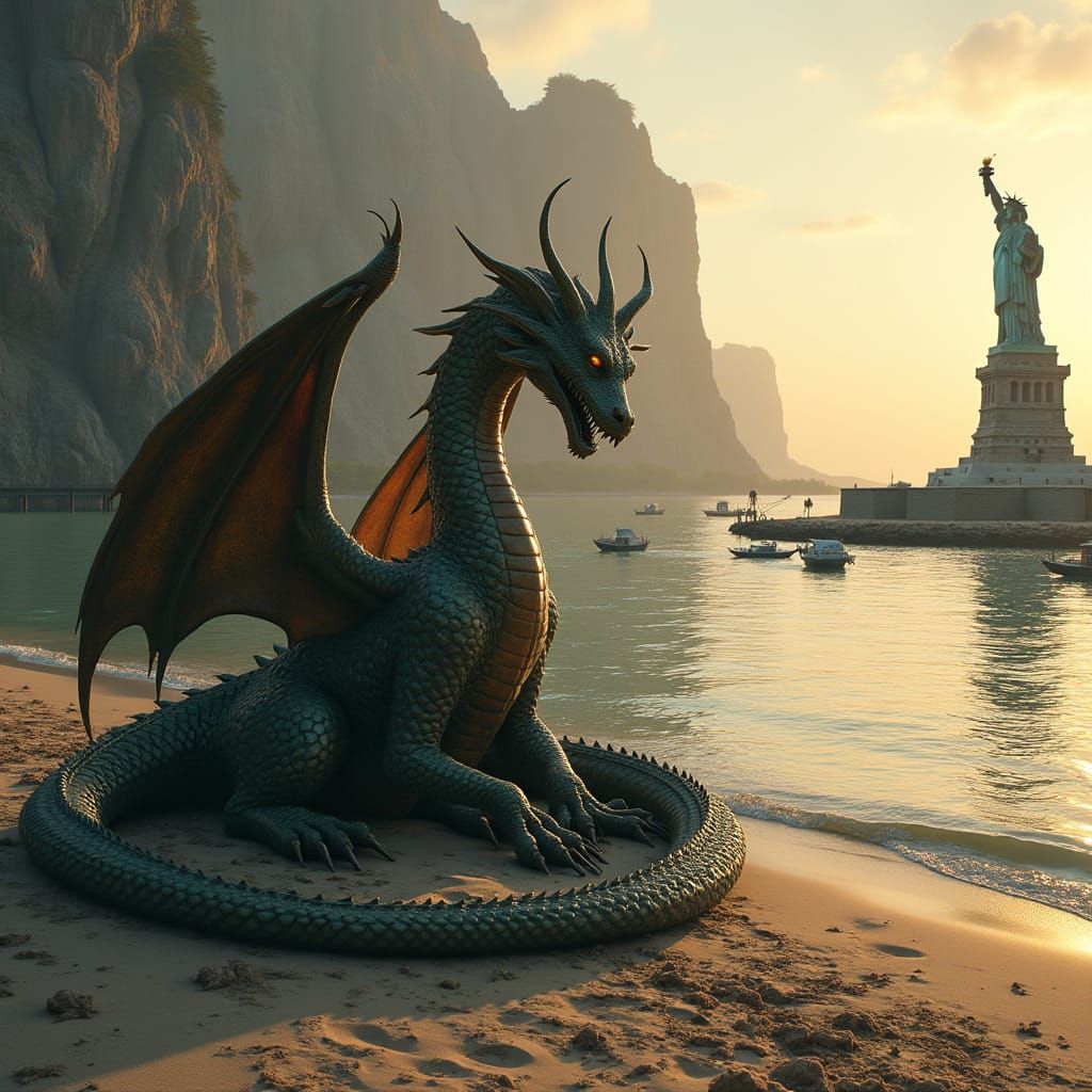Bronze Dragon Guards Statue of Liberty in Serene Beach Scene
