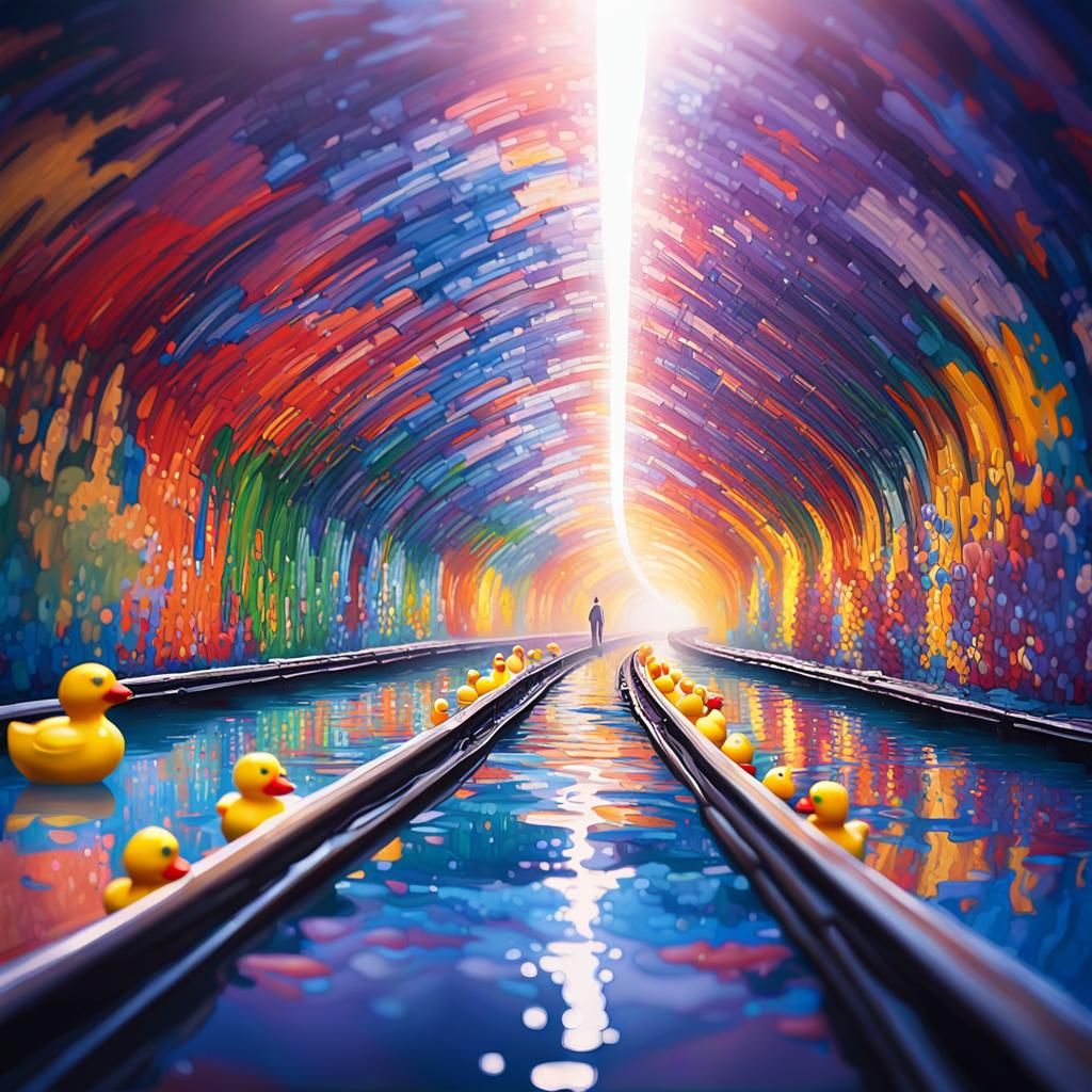 Rubber Ducks Toasting in Impressionist Subway Tunnel