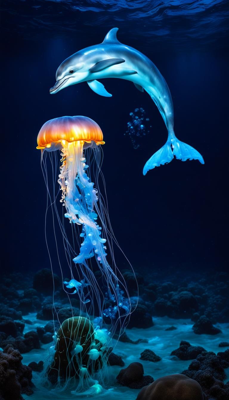 Dolphin and Glowing Jellyfish in Dark Ocean