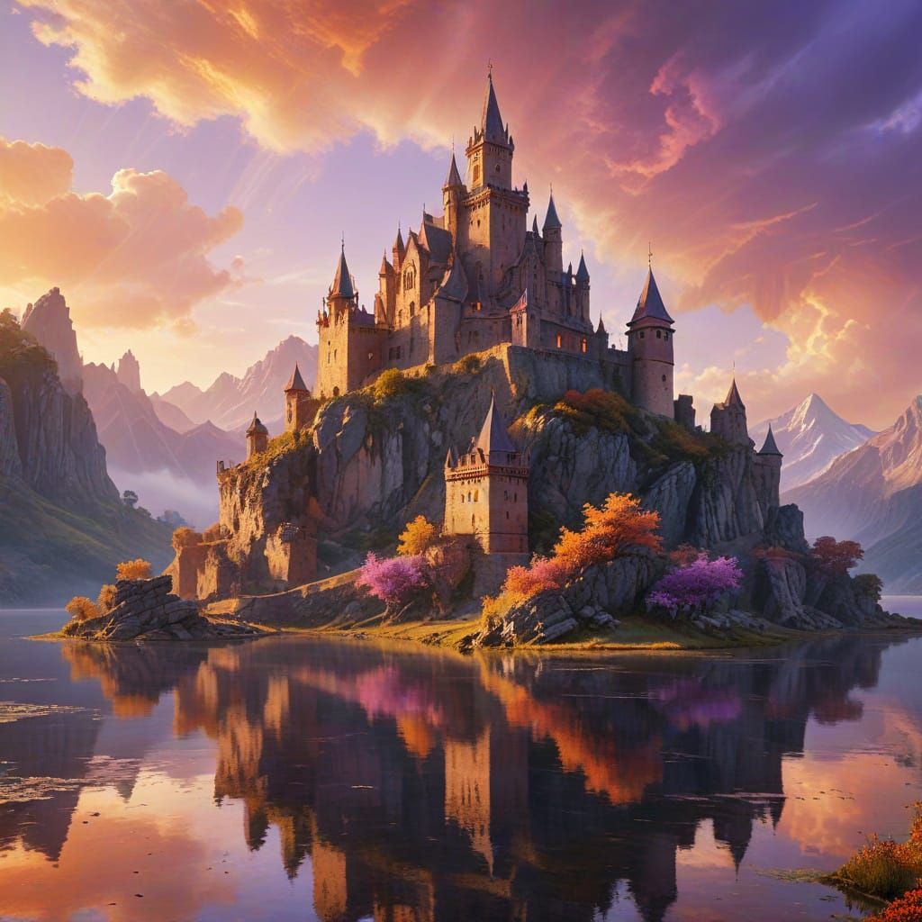 Majestic Lakeside Citadel in Golden Hour Light