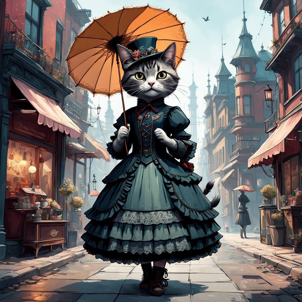 Kawaii Cat in Victorian Regalia Strolls Through City