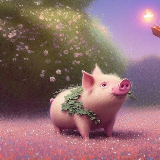 Cute Piglet in Flower Meadow: Digital Art