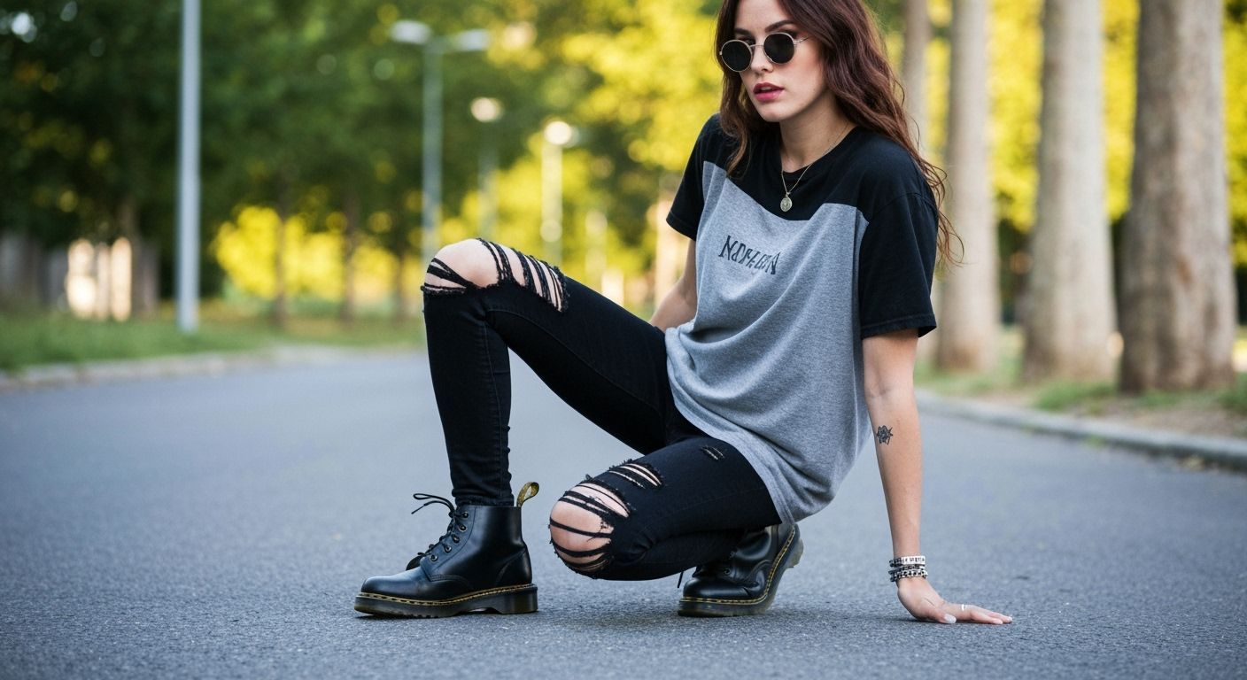 Punk Girl with Asymmetrical Hairstyle in Skate-Punk Aestheti...