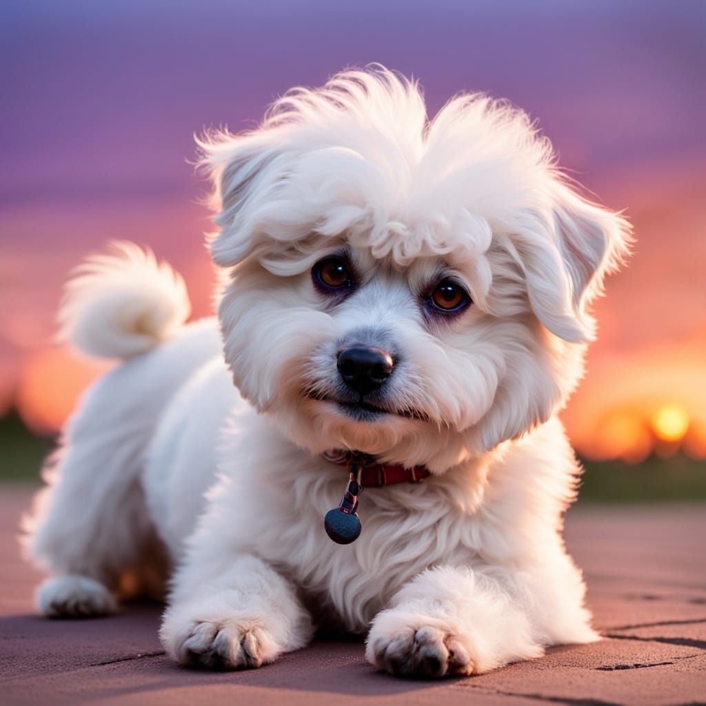 Surreal Sunset Portrait of a Relaxed Bichon Frise