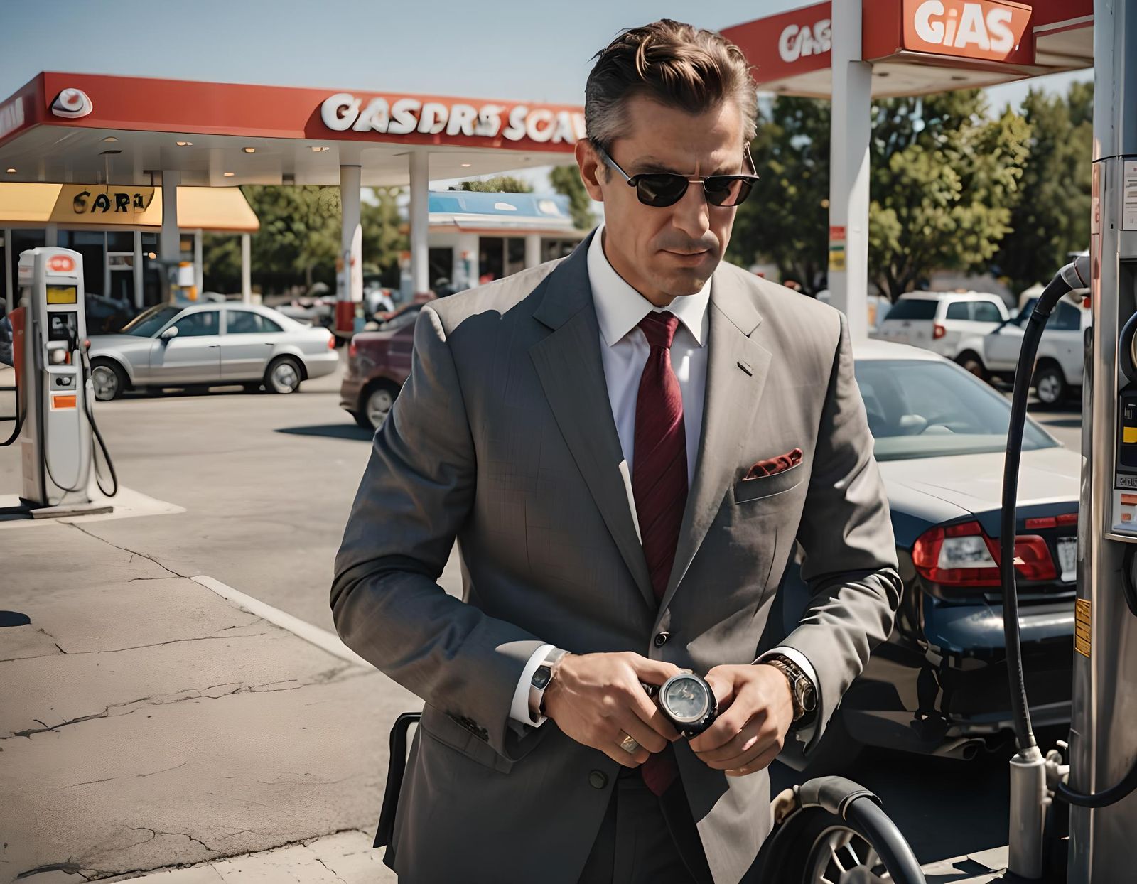 Business Man Pumping Gas on a Hot Day