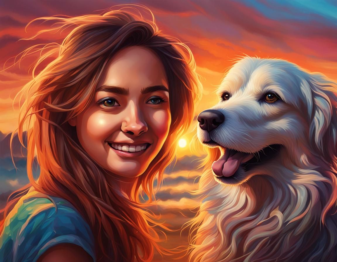 Woman and Dog at Sunset in Hyperrealistic Style