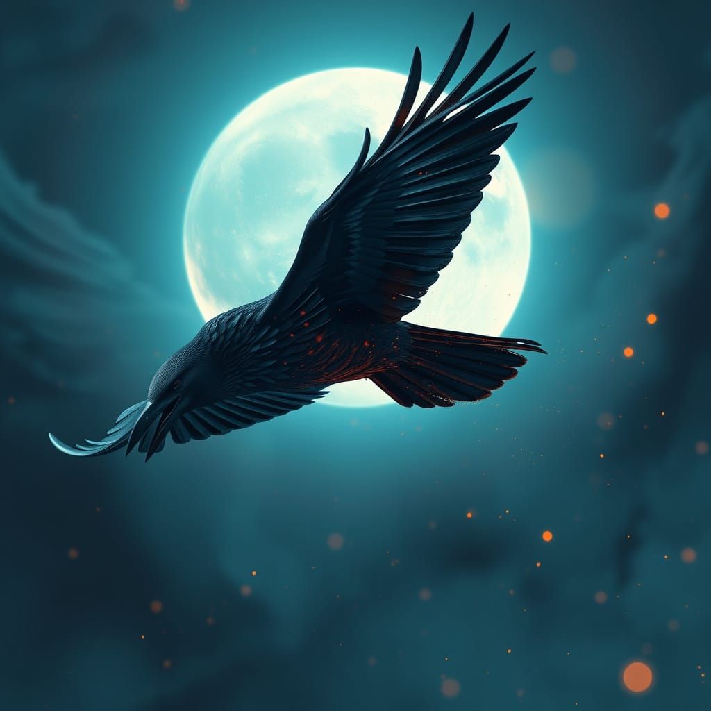 Raven Flying in Moonlight: Dreamy Art Style