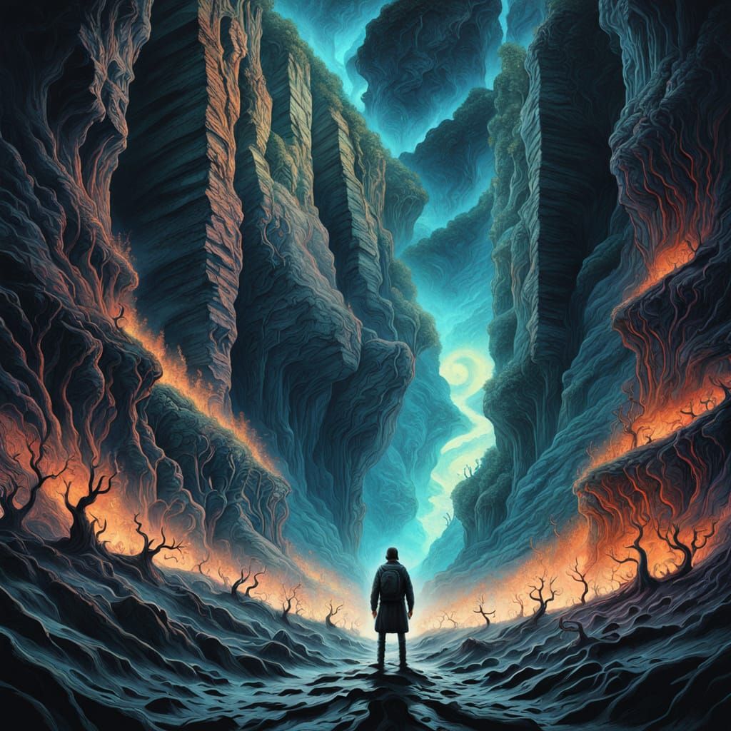Surreal Gorge Scene in Beksiński-Inspired Style