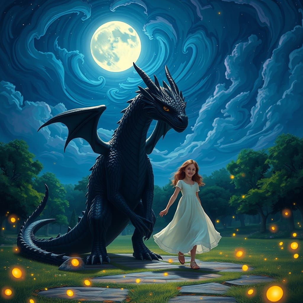 Girl Walks with Majestic Black Dragon Under Starry Night