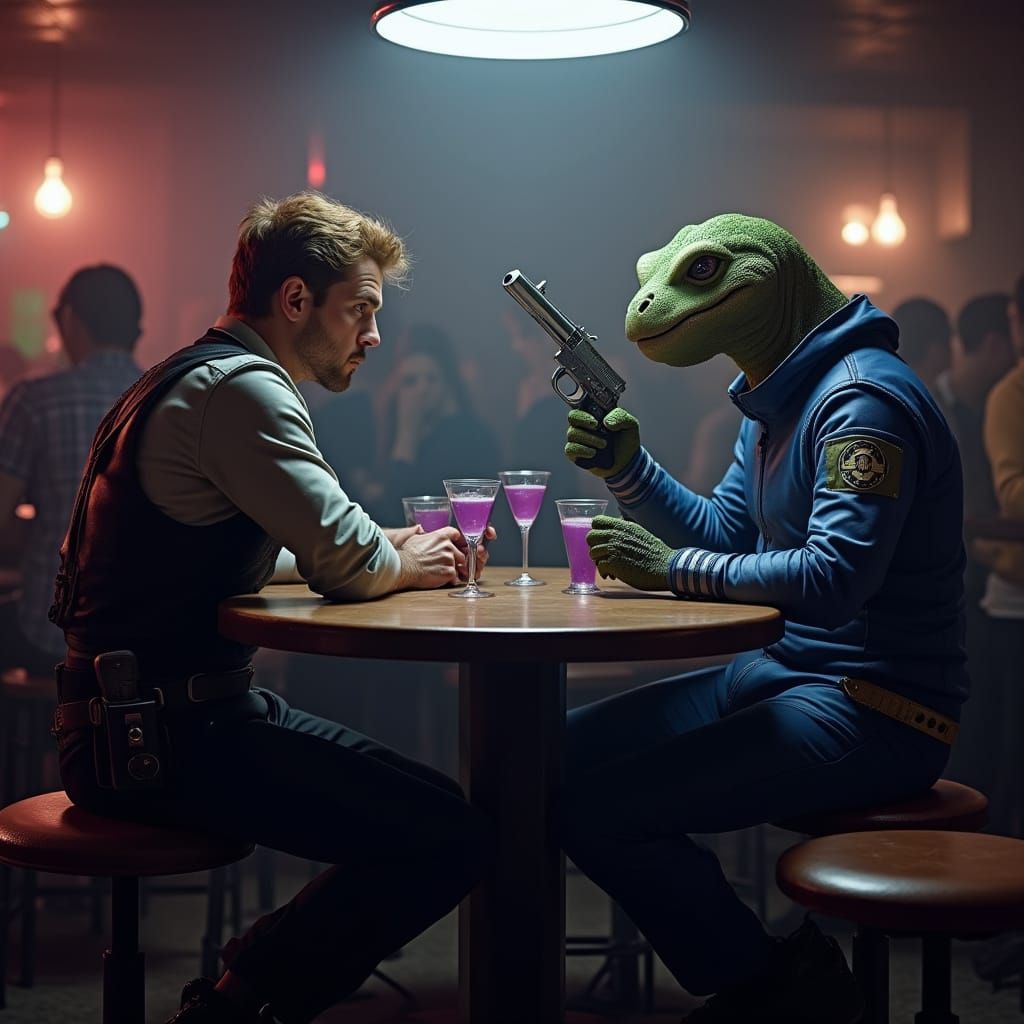 Cyberpunk Hero Faces Off in a Smoky Bar, Inspired by Syd Mea...