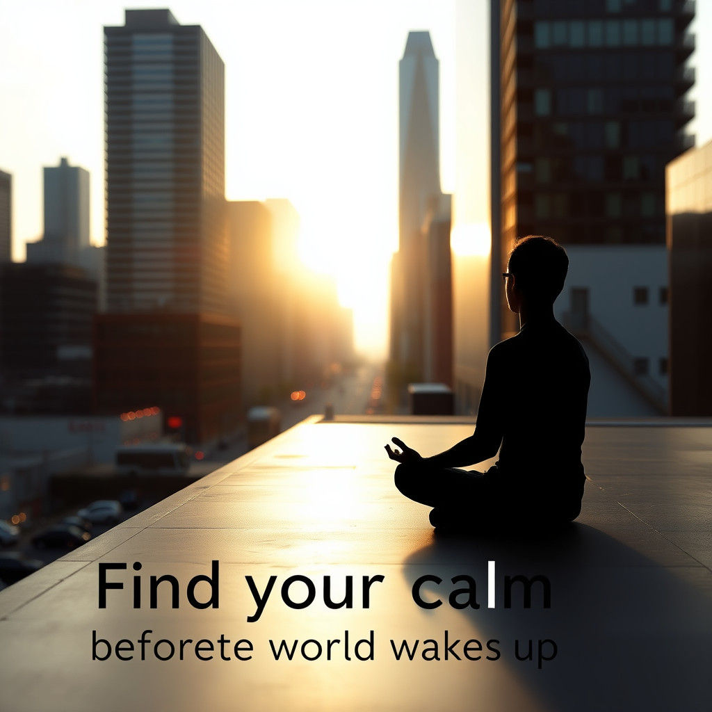 Image Prompt: A serene rooftop view of a bustling city at sunrise, with a person meditating in silhouette.
Text Overlay:...
