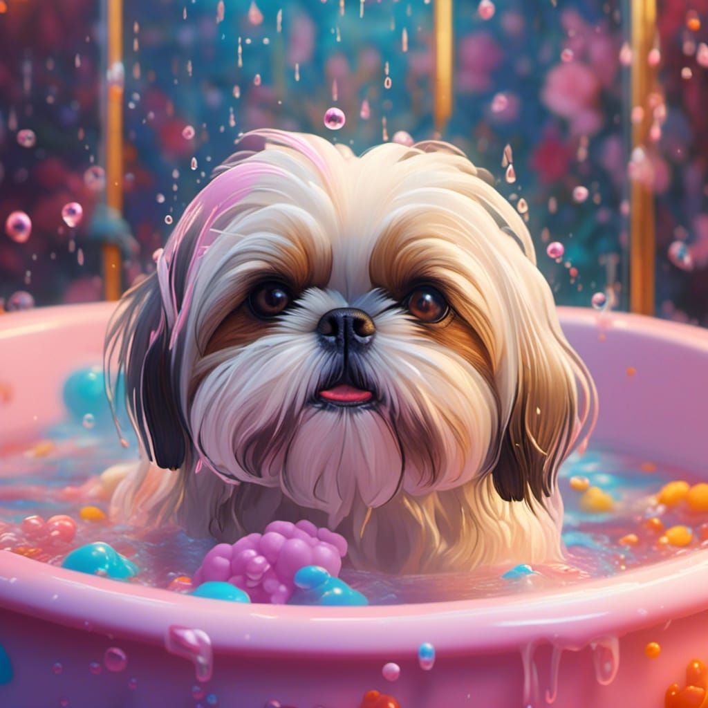 Hyperrealistic Photo of Shih Tzu Taking a Bath